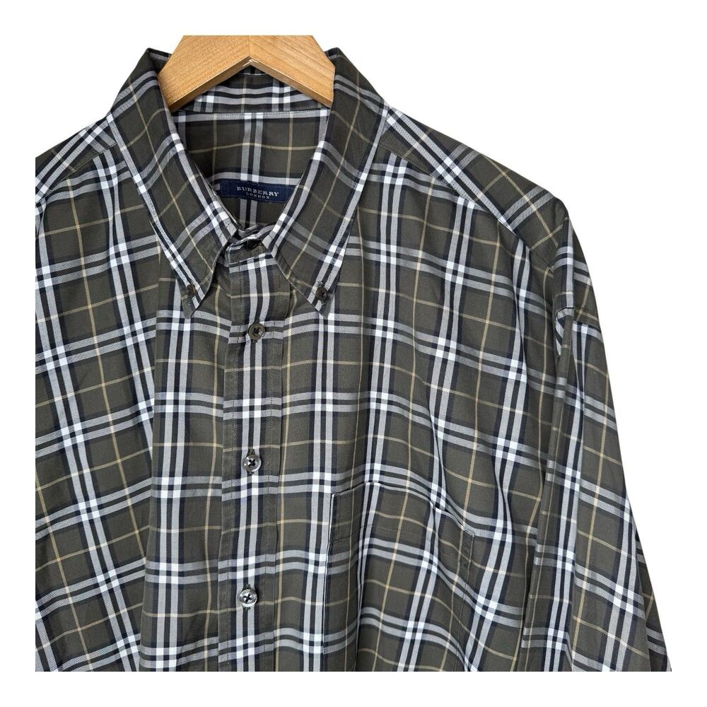 Vtg Burberry London Shirt Mens XL Olive Green Check Plaid Button Down USA Made